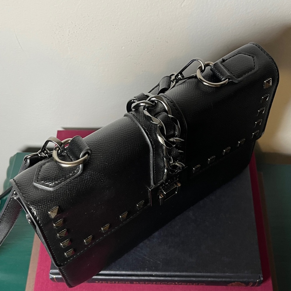 Badgley Mischka Black Gunmetal Studded Chain Detail City Goth Crossbody Bag - Picture 9 of 13